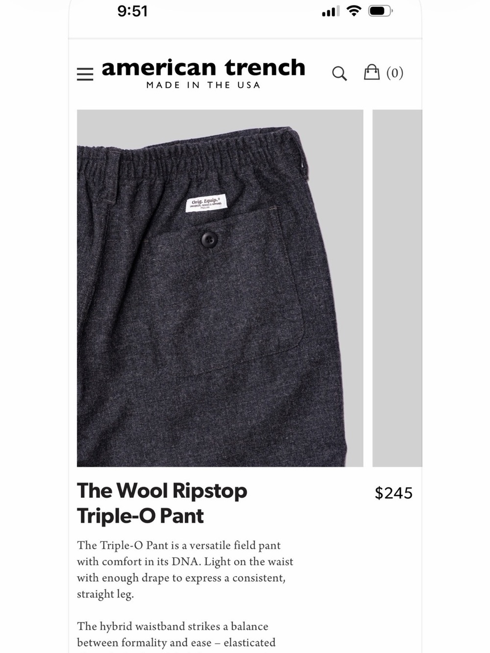 American Trench Men's Wool Ripstop Cargo Pants — Charcoal
